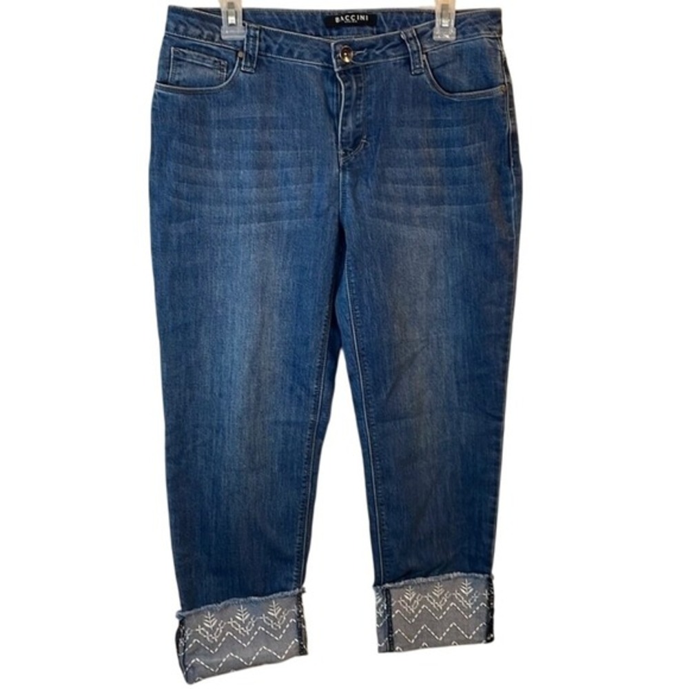 Baccini‎ Denim Jeans Womens Blue Cropped Embroidered Cuff Casual Pants